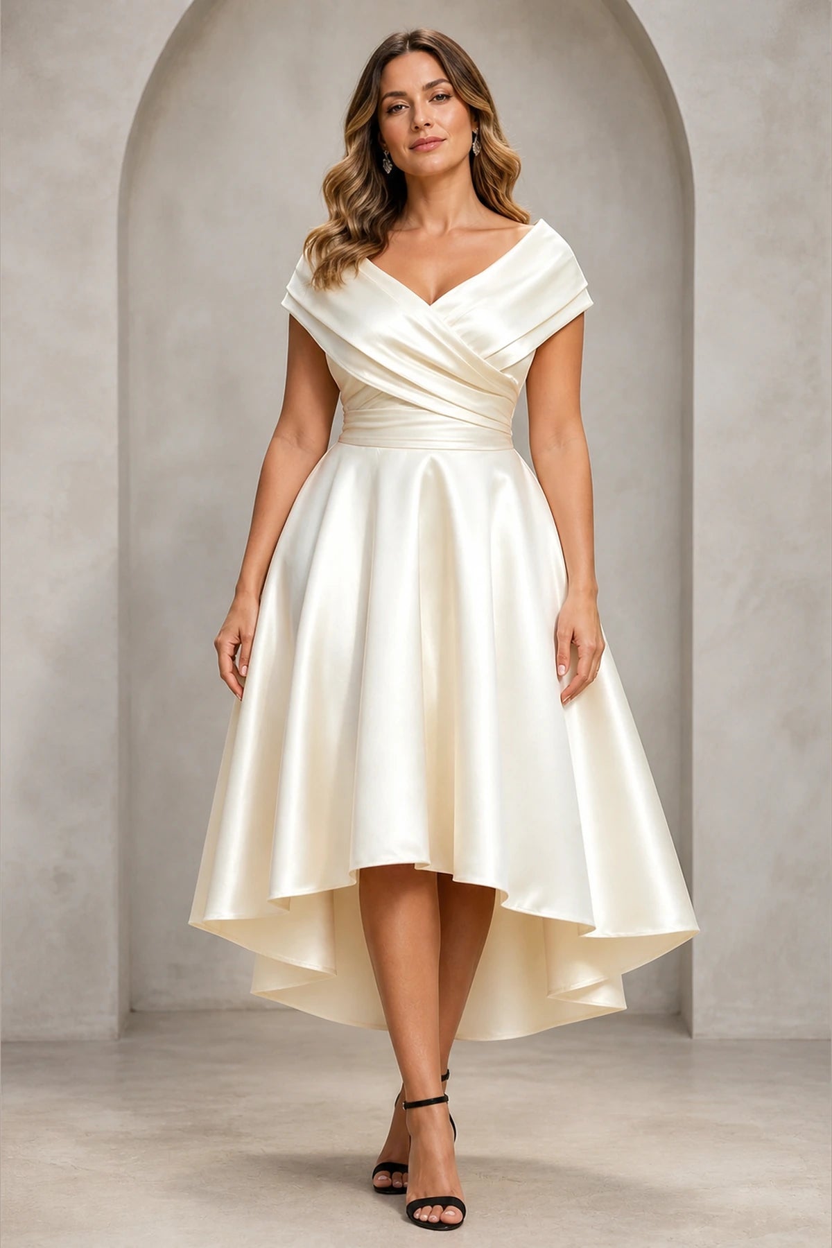 Graceprom plus size champagne satin wedding guest dress, off shoulder short sleeve hi-low a line formal gown front view