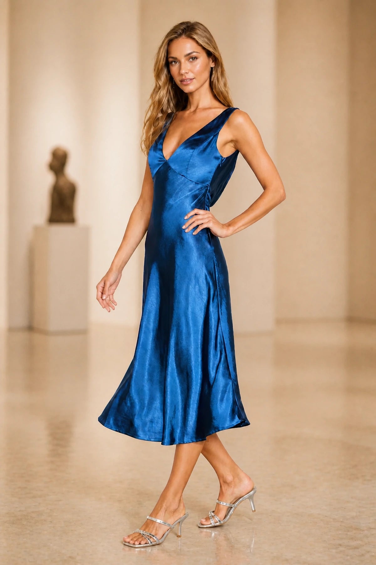 Royal blue V-neck sleeveless satin midi wedding guest dress