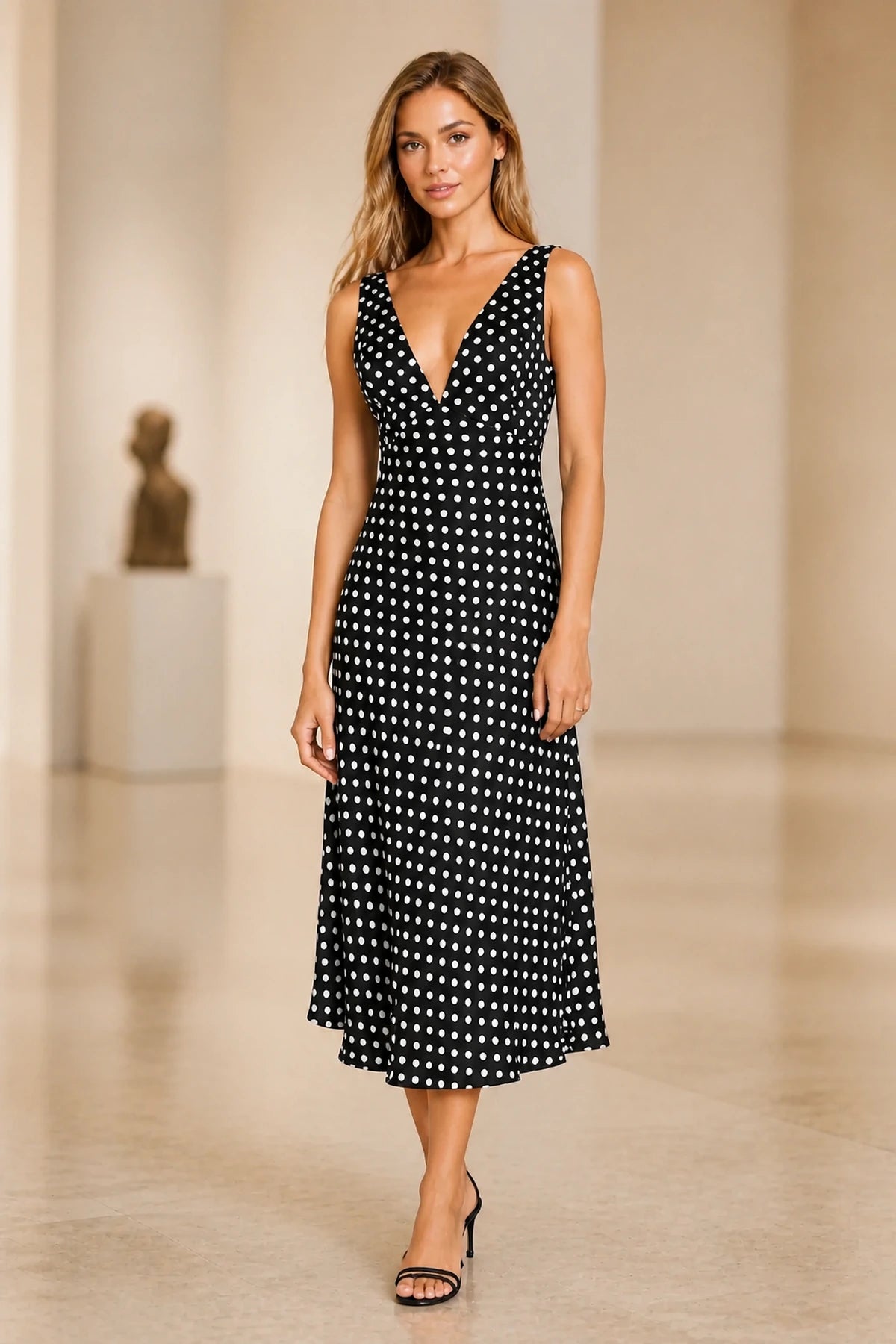 Chic Sheath V-Neck Sleeveless Cowl Back Midi Wedding Guest Dress