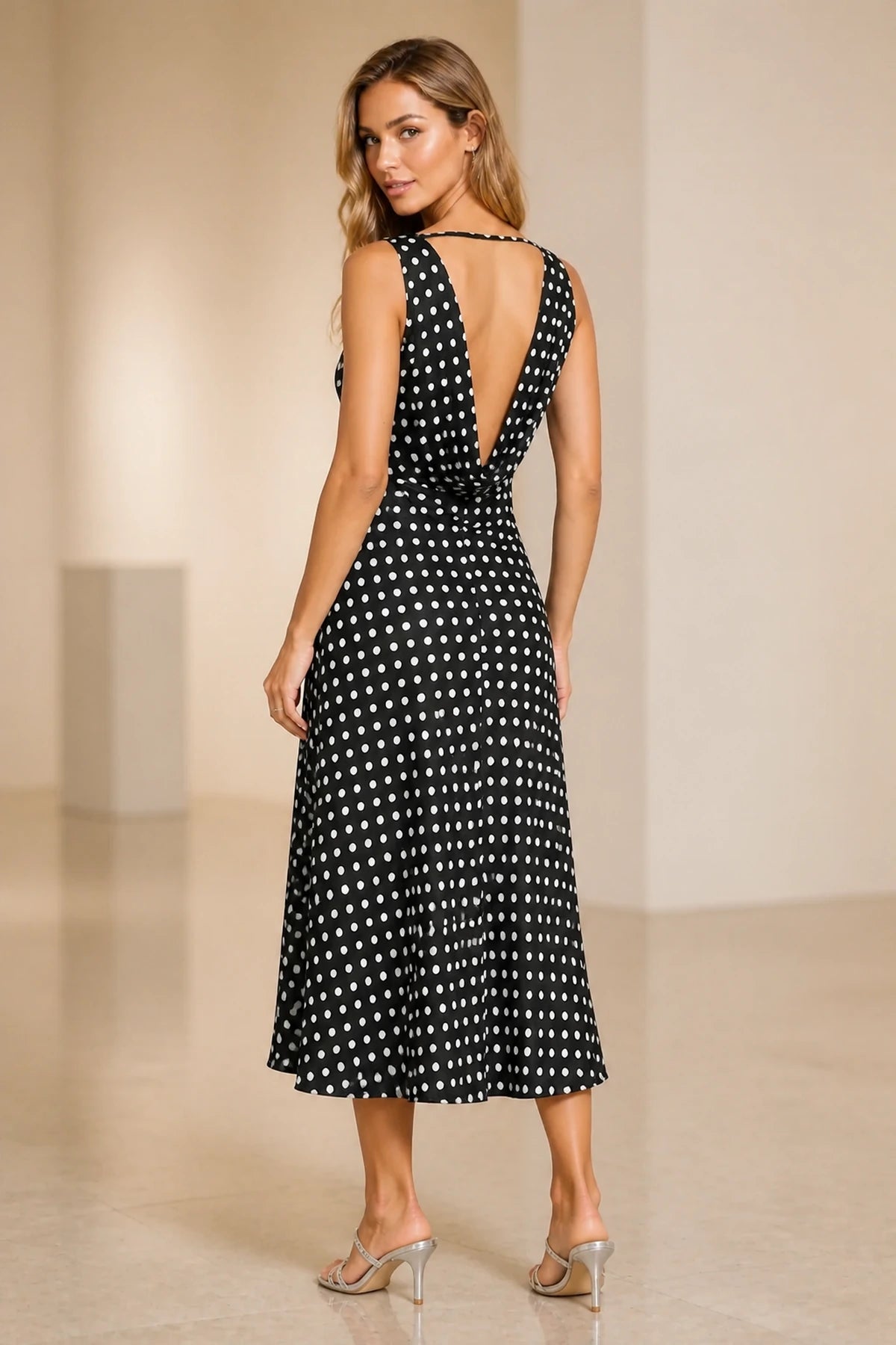 Chic Sheath V-Neck Sleeveless Cowl Back Midi Wedding Guest Dress