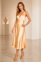 Chic Sheath V-Neck Sleeveless Cowl Back Midi Wedding Guest Dress