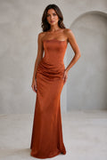 graceprom rust satin mermaid wedding guest dress front view, strapless scalloped corset top, ruched waist detail, floor length formal gown