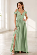 Sage green A-line bridesmaid dress with V-neck, cold-shoulder sleeves and side slit by GraceProm