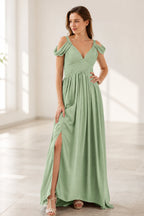 Sage green A-line bridesmaid dress with V-neck, cold-shoulder sleeves and side slit by GraceProm