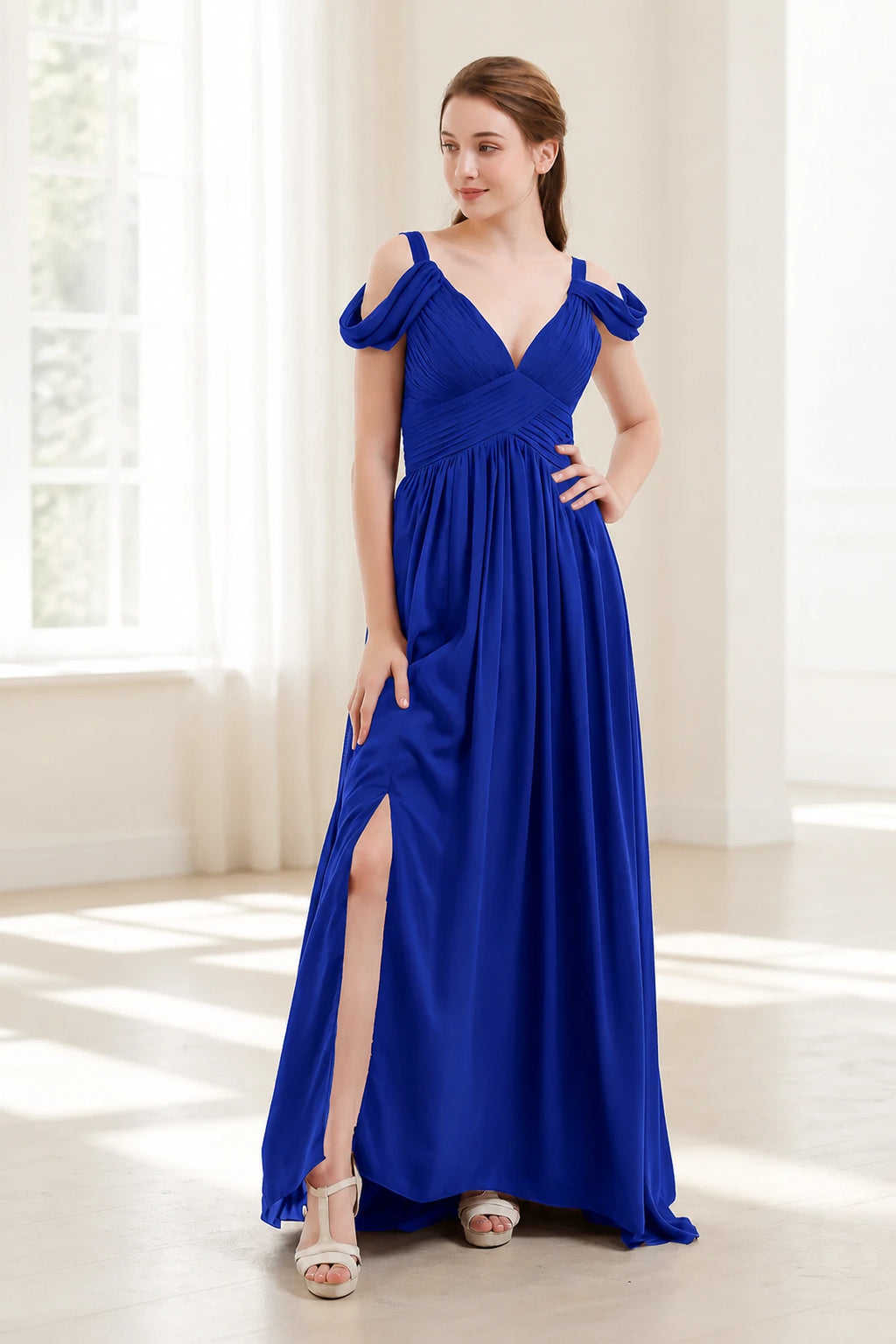 Graceful A-Line V-Neck Cold-Shoulder Draped-Sleeve V-Back Floor-Length Bridesmaid Dress