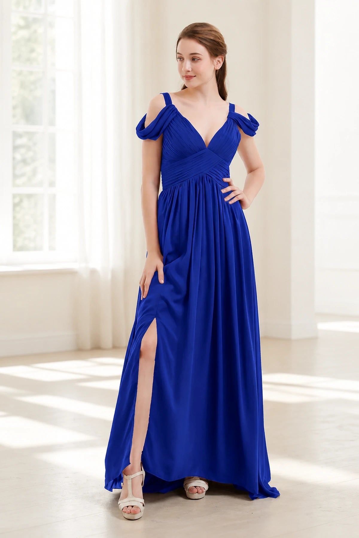 Graceful A-Line V-Neck Cold-Shoulder Draped-Sleeve V-Back Floor-Length Bridesmaid Dress