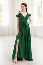 Graceful A-Line V-Neck Cold-Shoulder Draped-Sleeve V-Back Floor-Length Bridesmaid Dress