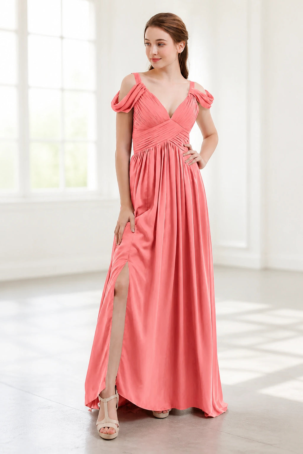 Graceful A-Line V-Neck Cold-Shoulder Draped-Sleeve V-Back Floor-Length Bridesmaid Dress