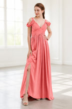 Graceful A-Line V-Neck Cold-Shoulder Draped-Sleeve V-Back Floor-Length Bridesmaid Dress
