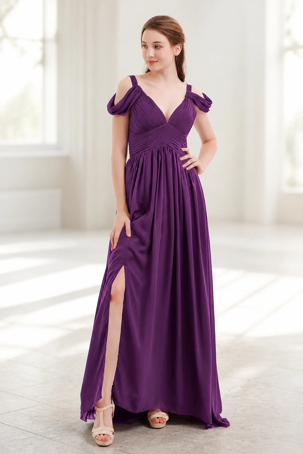 Graceful A-Line V-Neck Cold-Shoulder Draped-Sleeve V-Back Floor-Length Bridesmaid Dress
