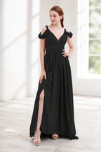 Graceful A-Line V-Neck Cold-Shoulder Draped-Sleeve V-Back Floor-Length Bridesmaid Dress