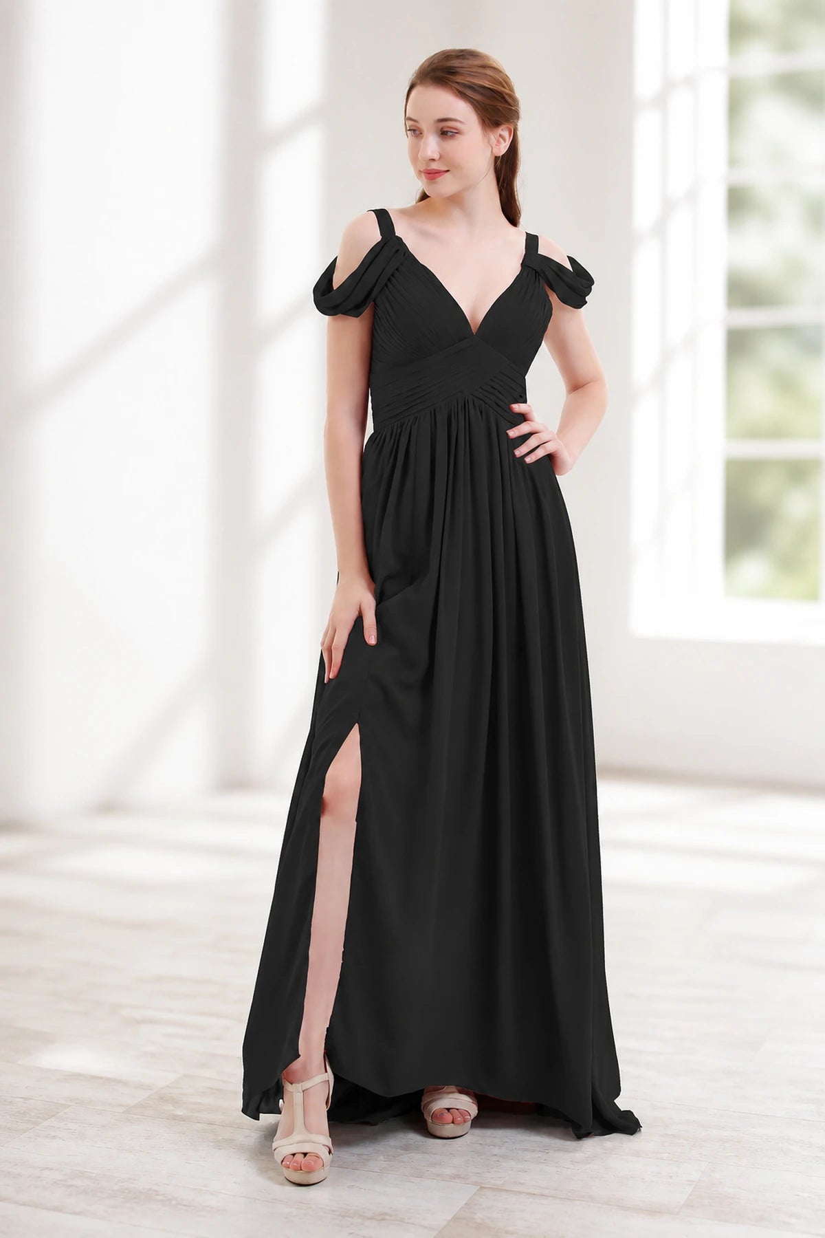 Graceful A-Line V-Neck Cold-Shoulder Draped-Sleeve V-Back Floor-Length Bridesmaid Dress