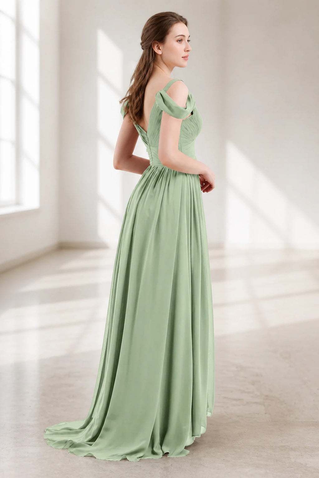Back view of sage green floor-length bridesmaid dress with draped sleeves and V-back by GraceProm