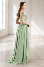 Back view of sage green floor-length bridesmaid dress with draped sleeves and V-back by GraceProm