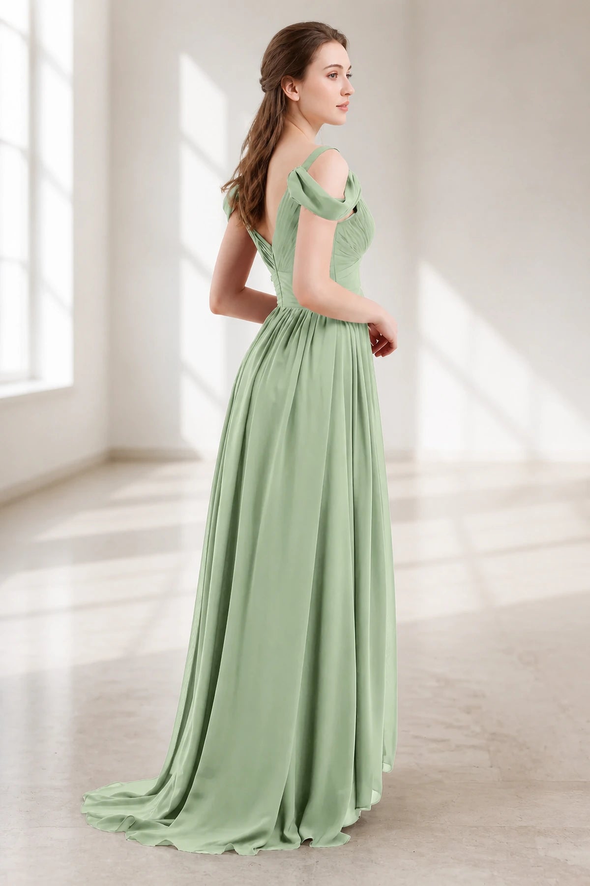 Back view of sage green floor-length bridesmaid dress with draped sleeves and V-back by GraceProm