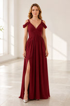Graceful A-Line V-Neck Cold-Shoulder Draped-Sleeve V-Back Floor-Length Bridesmaid Dress