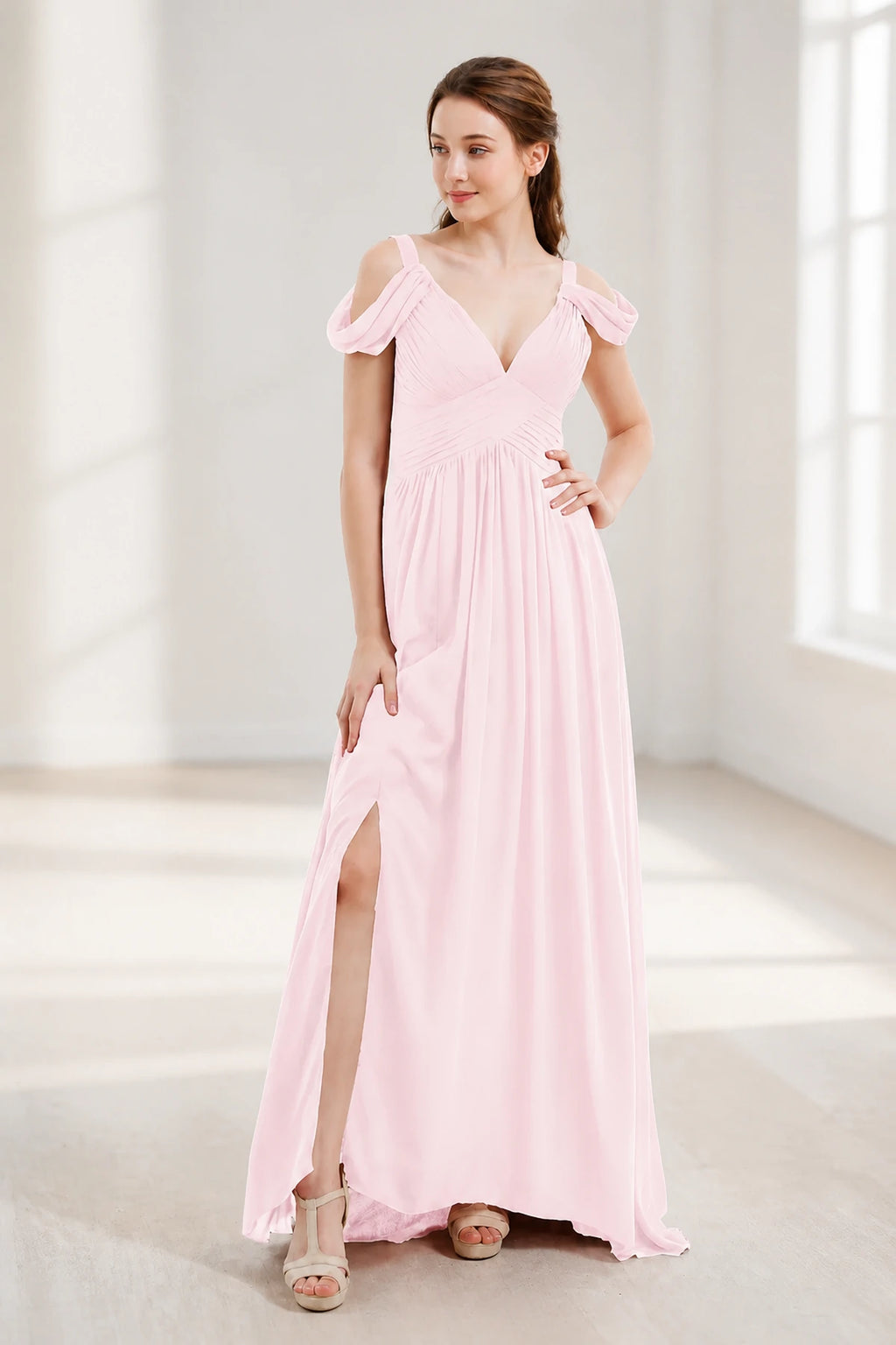 Graceful A-Line V-Neck Cold-Shoulder Draped-Sleeve V-Back Floor-Length Bridesmaid Dress