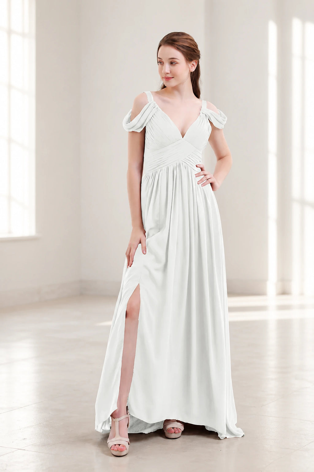Graceful A-Line V-Neck Cold-Shoulder Draped-Sleeve V-Back Floor-Length Bridesmaid Dress