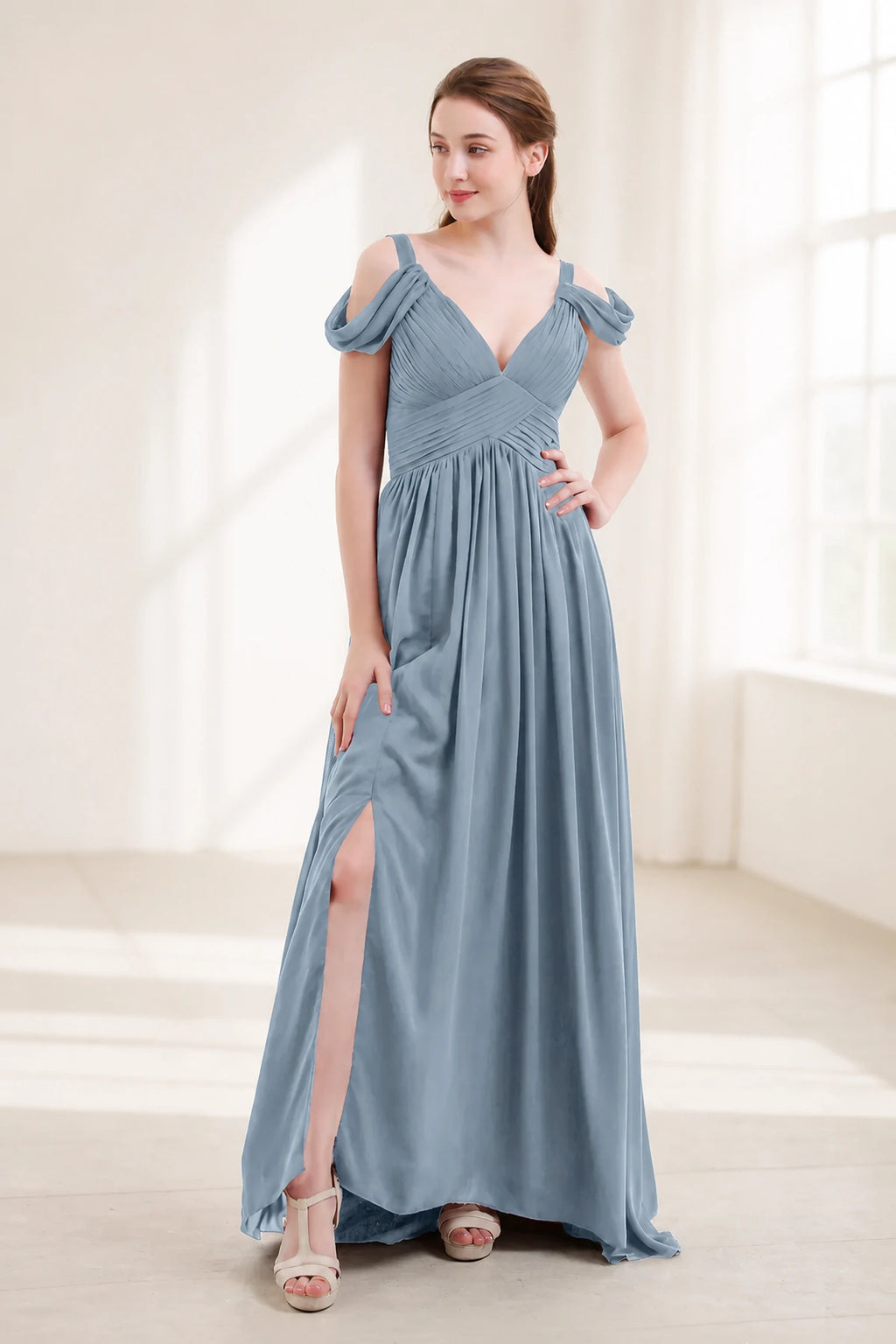 Graceful A-Line V-Neck Cold-Shoulder Draped-Sleeve V-Back Floor-Length Bridesmaid Dress