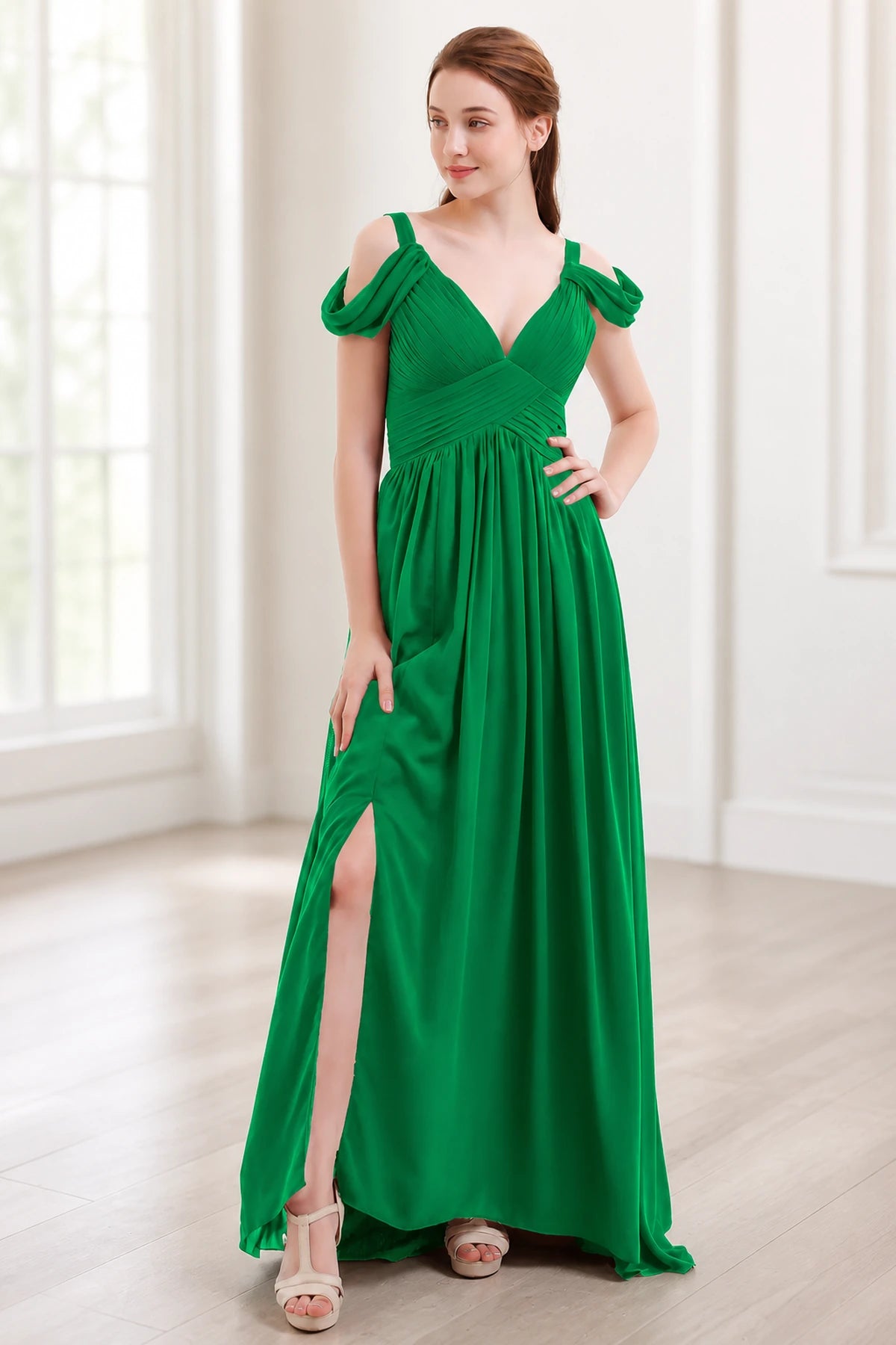 Graceful A-Line V-Neck Cold-Shoulder Draped-Sleeve V-Back Floor-Length Bridesmaid Dress