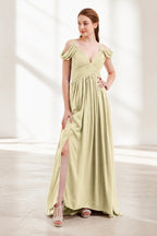 Graceful A-Line V-Neck Cold-Shoulder Draped-Sleeve V-Back Floor-Length Bridesmaid Dress