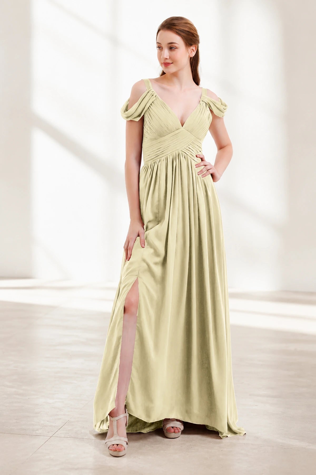 Graceful A-Line V-Neck Cold-Shoulder Draped-Sleeve V-Back Floor-Length Bridesmaid Dress