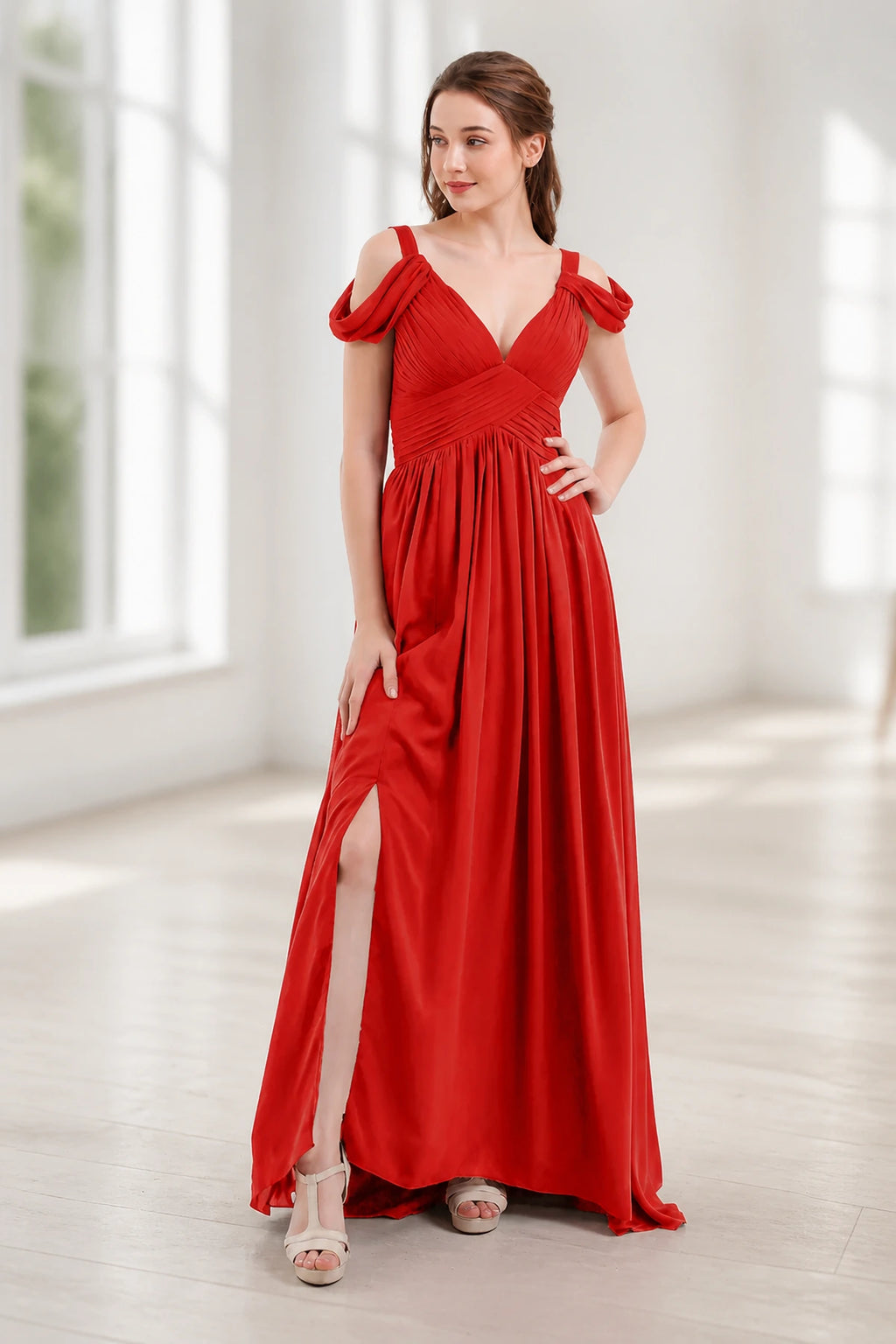 Graceful A-Line V-Neck Cold-Shoulder Draped-Sleeve V-Back Floor-Length Bridesmaid Dress