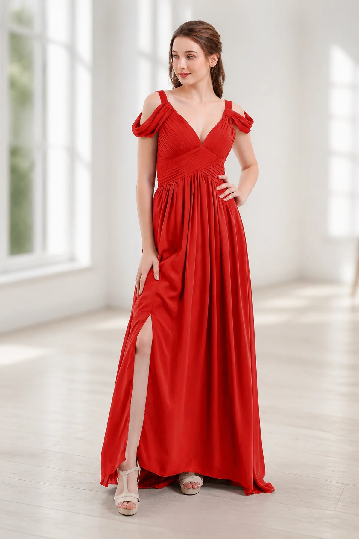 Graceful A-Line V-Neck Cold-Shoulder Draped-Sleeve V-Back Floor-Length Bridesmaid Dress