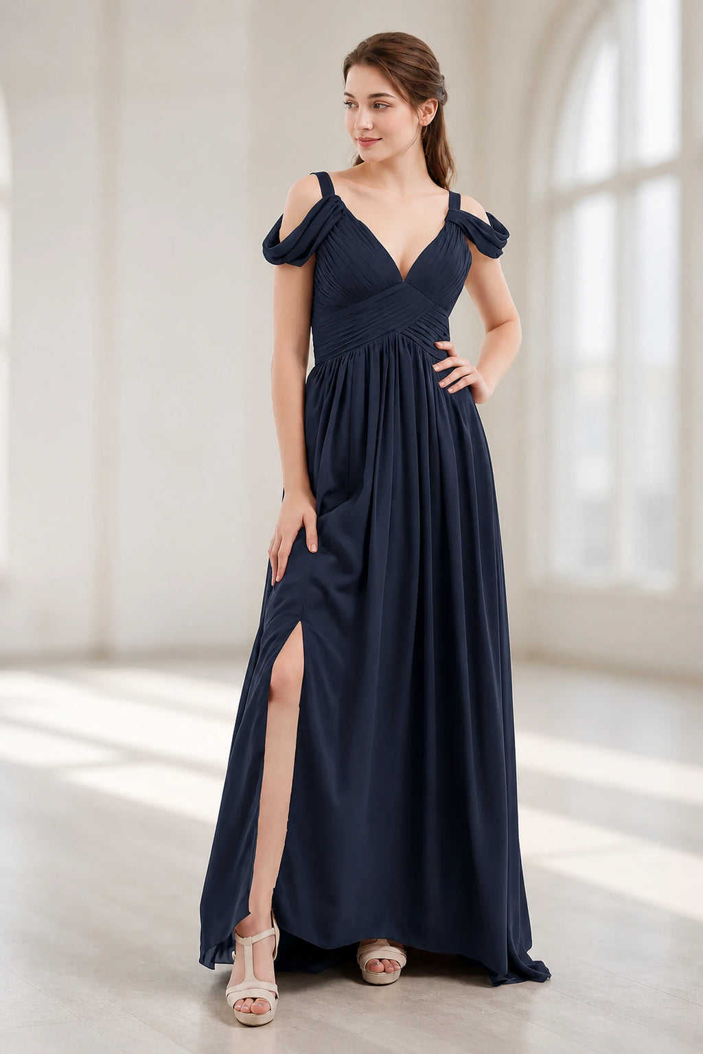 Graceful A-Line V-Neck Cold-Shoulder Draped-Sleeve V-Back Floor-Length Bridesmaid Dress