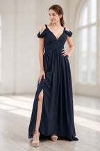 Graceful A-Line V-Neck Cold-Shoulder Draped-Sleeve V-Back Floor-Length Bridesmaid Dress