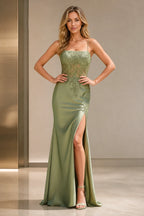 Sage green mermaid prom dress with spaghetti straps, lace bodice and high side slit by GraceProm