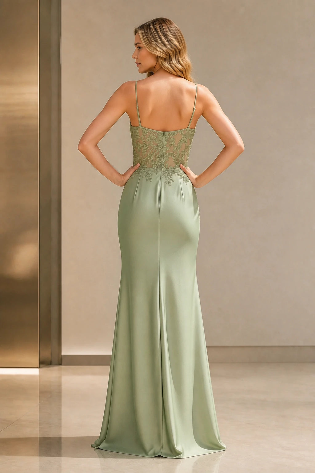 Sage green mermaid prom dress with spaghetti straps, lace bodice and high side slit by GraceProm