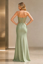 Sage green mermaid prom dress with spaghetti straps, lace bodice and high side slit by GraceProm