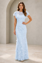Mermaid Round Neck Short Sleeve 3D Floral Long Wedding Guest Dress