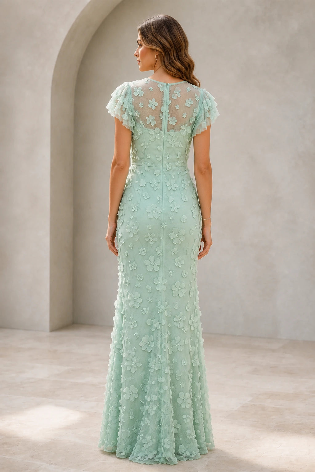 graceprom sage green mermaid wedding guest dress back view, sheer mesh back panel, vertical hidden zipper, 3D floral formal gown