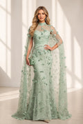 graceprom sage green mermaid wedding guest dress front view, high neck sheer mesh, flowing cape sleeves, 3D floral appliques and leaf embroidery