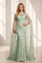 graceprom sage green mermaid wedding guest dress front view, high neck sheer mesh, flowing cape sleeves, 3D floral appliques and leaf embroidery