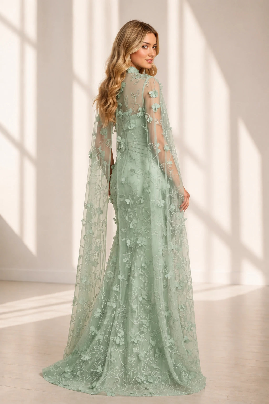 graceprom sage green mermaid wedding guest dress back view, sheer illusion mesh back, embroidered tulle, fitted bodice, floor length formal gown