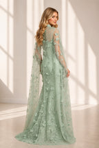 graceprom sage green mermaid wedding guest dress back view, sheer illusion mesh back, embroidered tulle, fitted bodice, floor length formal gown