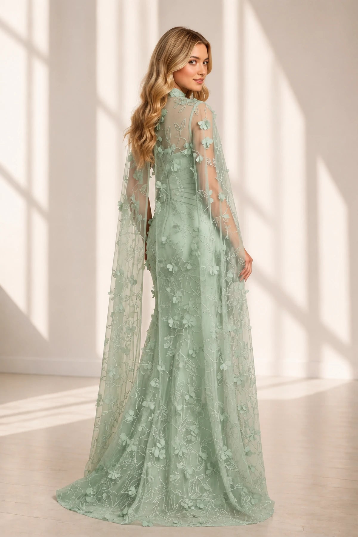graceprom sage green mermaid wedding guest dress back view, sheer illusion mesh back, embroidered tulle, fitted bodice, floor length formal gown