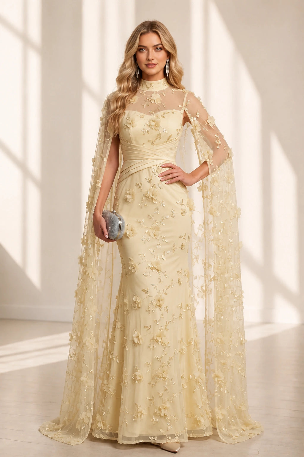 Mermaid High Neck Cape Illusion Back Long Wedding Guest Dress
