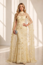 Mermaid High Neck Cape Illusion Back Long Wedding Guest Dress