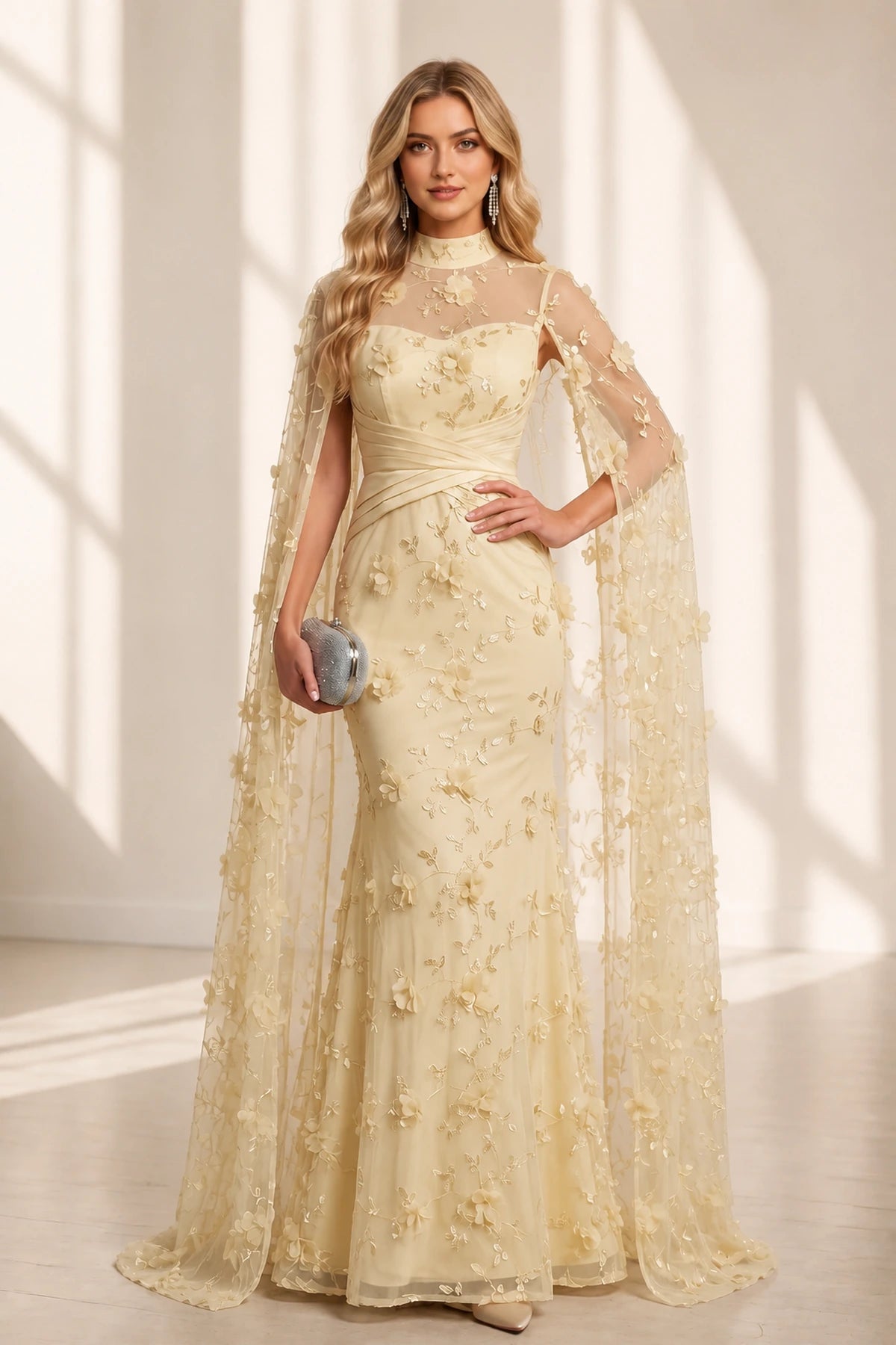 Mermaid High Neck Cape Illusion Back Long Wedding Guest Dress