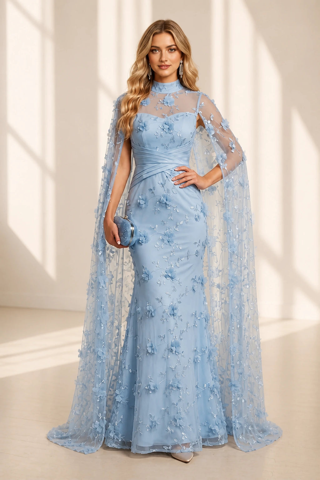 Mermaid High Neck Cape Illusion Back Long Wedding Guest Dress