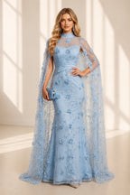 Mermaid High Neck Cape Illusion Back Long Wedding Guest Dress