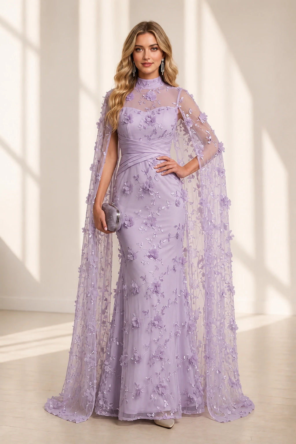 Mermaid High Neck Cape Illusion Back Long Wedding Guest Dress