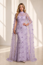 Mermaid High Neck Cape Illusion Back Long Wedding Guest Dress