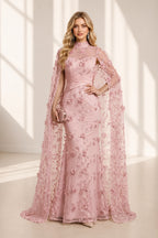 Mermaid High Neck Cape Illusion Back Long Wedding Guest Dress