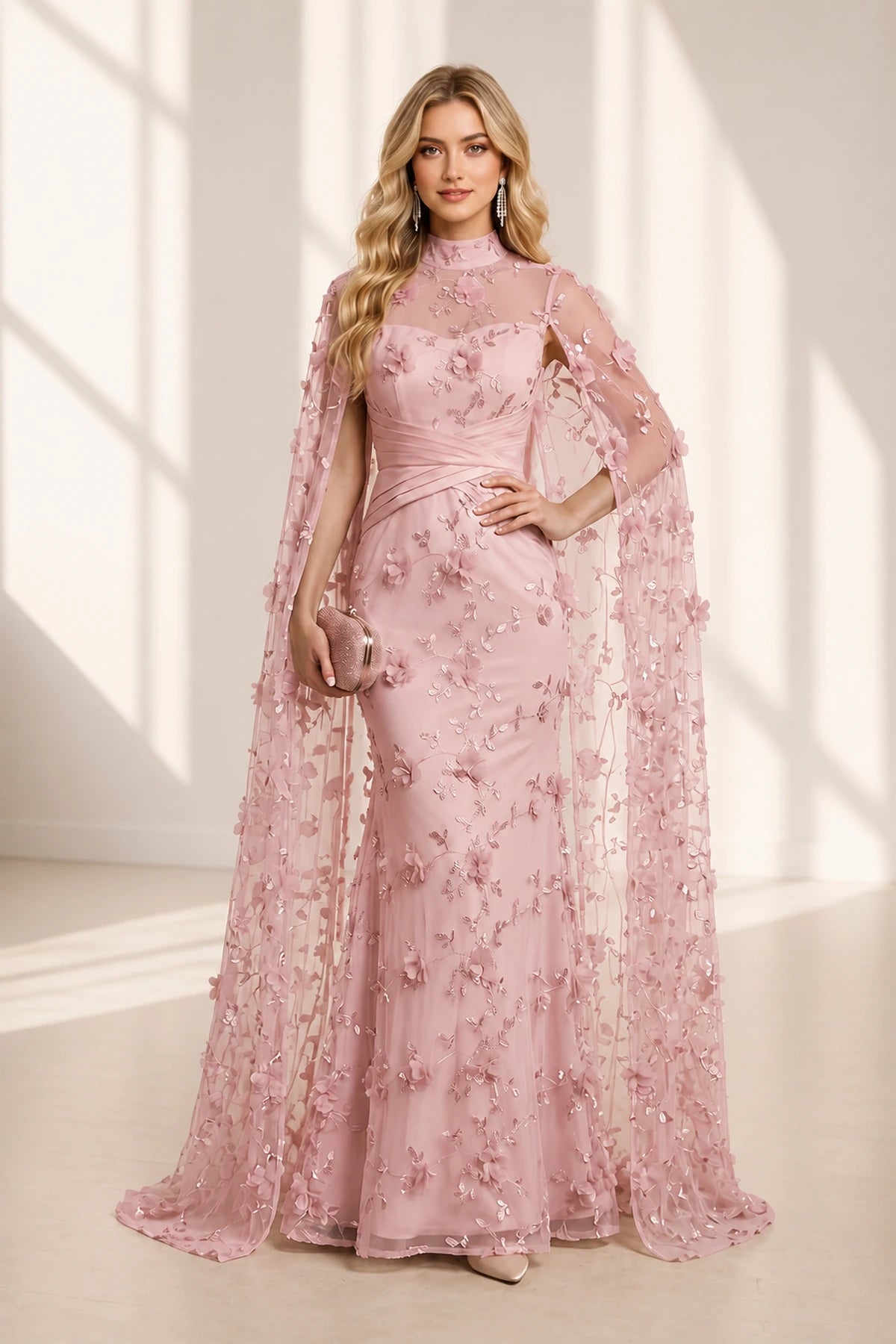 Mermaid High Neck Cape Illusion Back Long Wedding Guest Dress