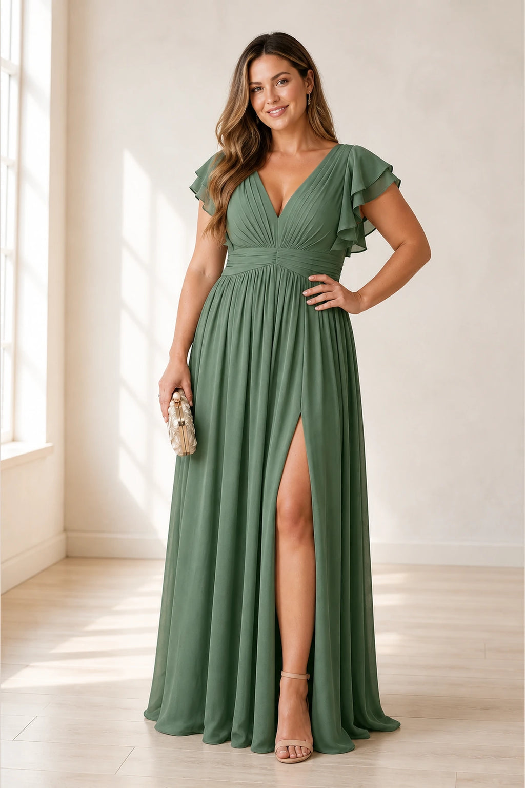 Graceprom sage green plus size bridesmaid dress, v neck flutter sleeve long chiffon gown with slit front view